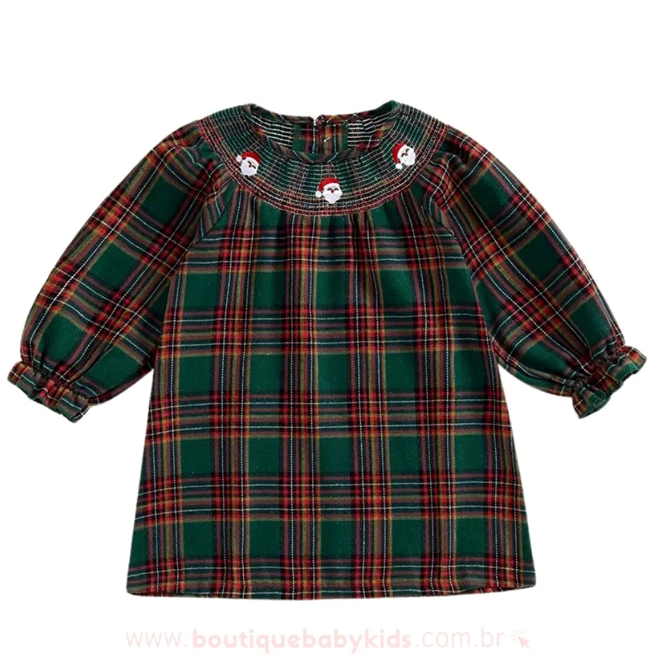 Vestido Infantil Natalino Xadrez com Bordado Papai Noel - Boutique Baby Kids