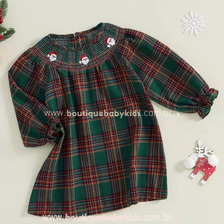 Vestido Infantil Natalino Xadrez com Bordado Papai Noel - Boutique Baby Kids