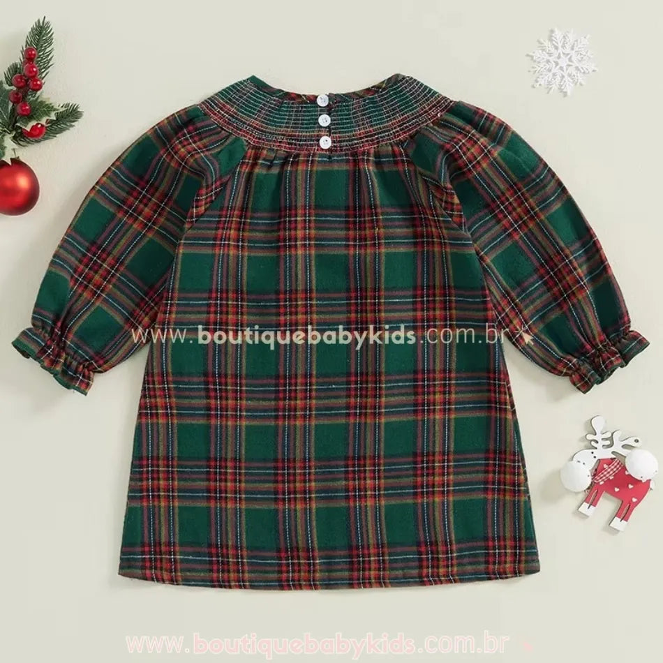 Vestido Infantil Natalino Xadrez com Bordado Papai Noel - Boutique Baby Kids
