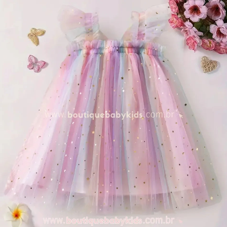 Vestido Infantil Tule Borboleta Estelar com Asinhas Rosa - Boutique Baby Kids 