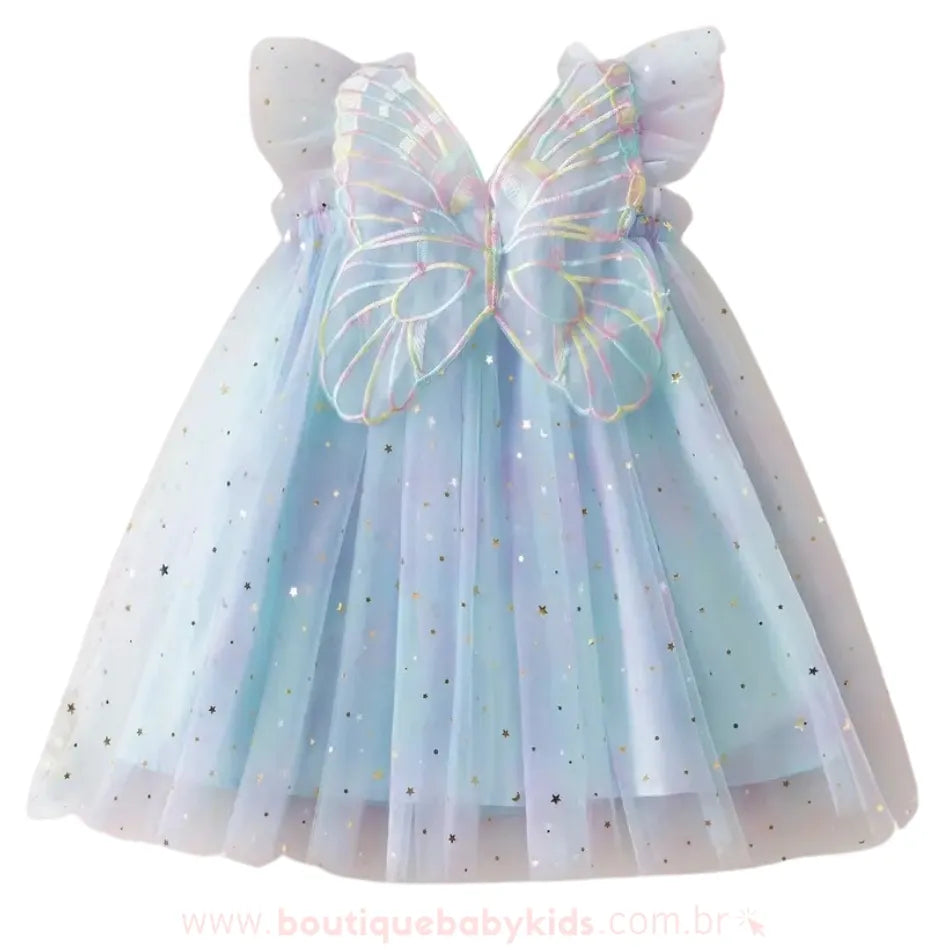 Vestido Infantil Tule Borboleta Estelar com Asinhas Azul - Boutique Baby Kids 