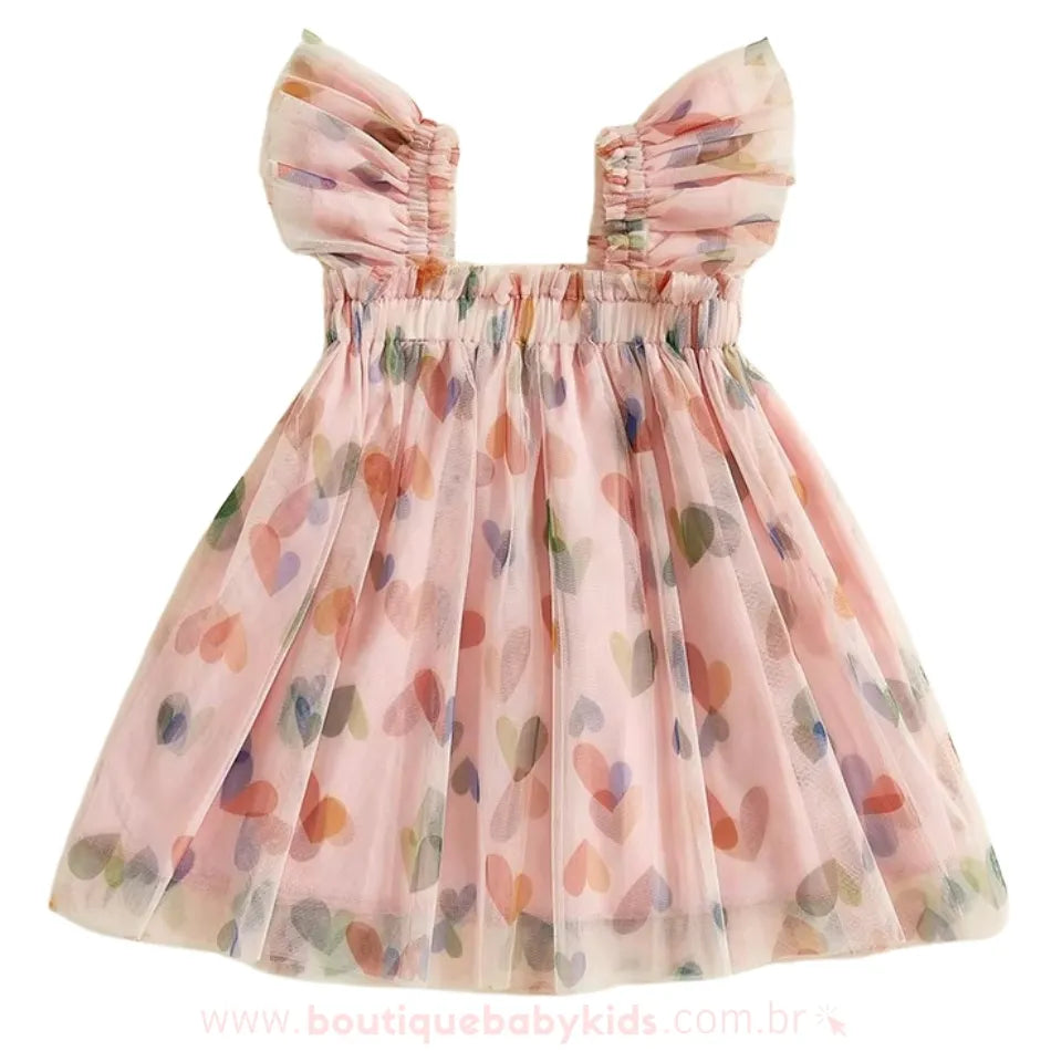 Vestido Infantil Tule Estampa Corações Rosa - Boutique Baby Kids