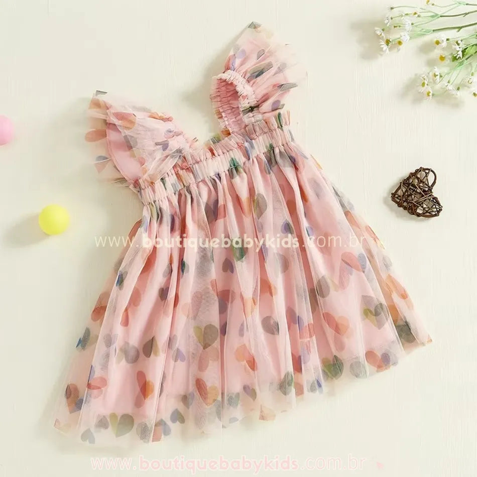 Vestido Infantil Tule Estampa Corações Rosa - Boutique Baby Kids