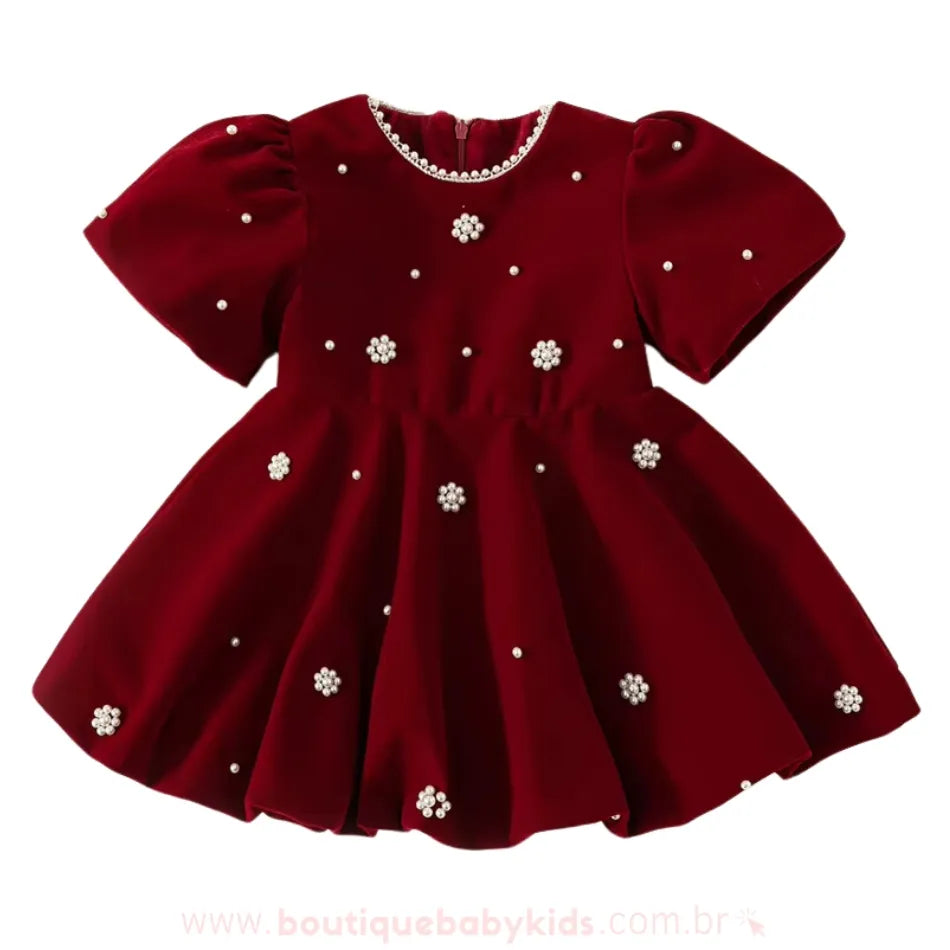 Vestido Infantil de Luxo Veludo Bordeaux com Pérolas - Boutique Baby Kids
