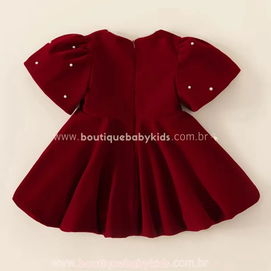 Vestido Infantil Veludo Bordeaux com Pérolas