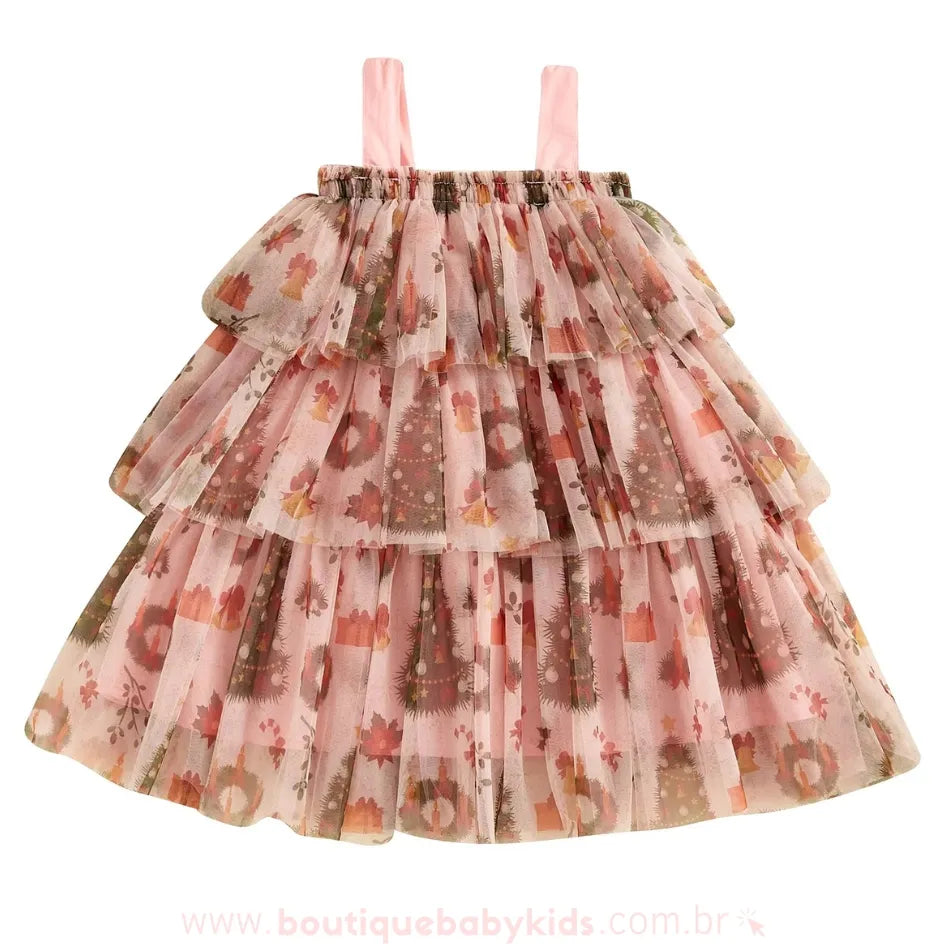 Vestido Infantil Temático Estampa Natalina com Tule Rosa - Boutique Baby Kids