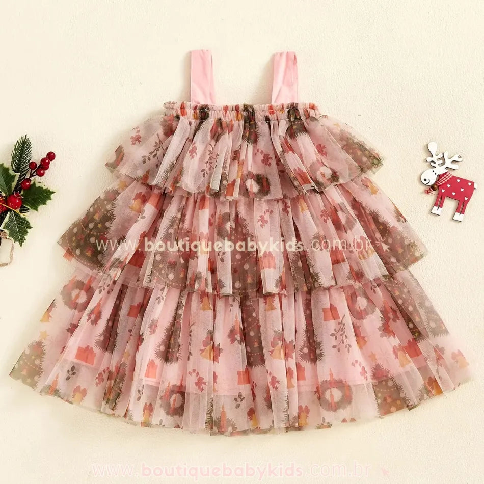 Vestido Infantil Temático Estampa Natalina com Tule Rosa - Boutique Baby Kids