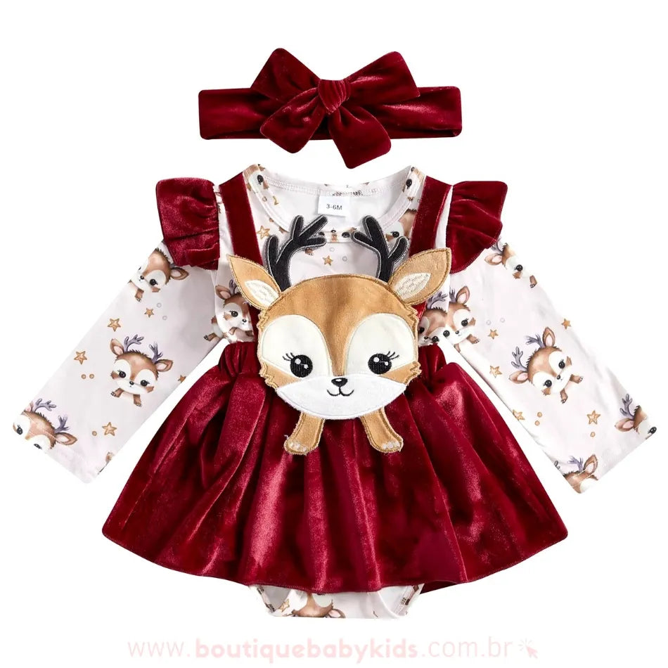 Vestido Bebê Temático Rena de Natal com Faixa - Boutique Baby Kids
