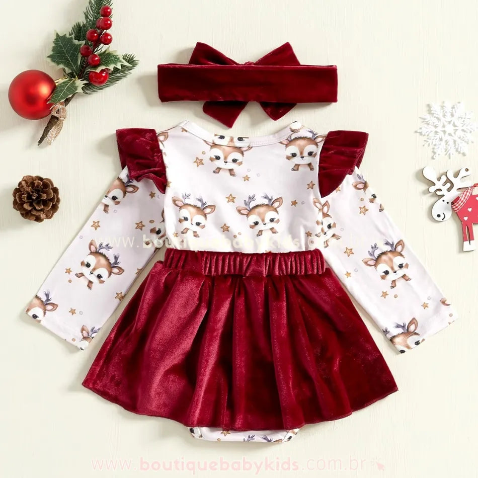 Vestido Bebê Rena de Natal com Faixa