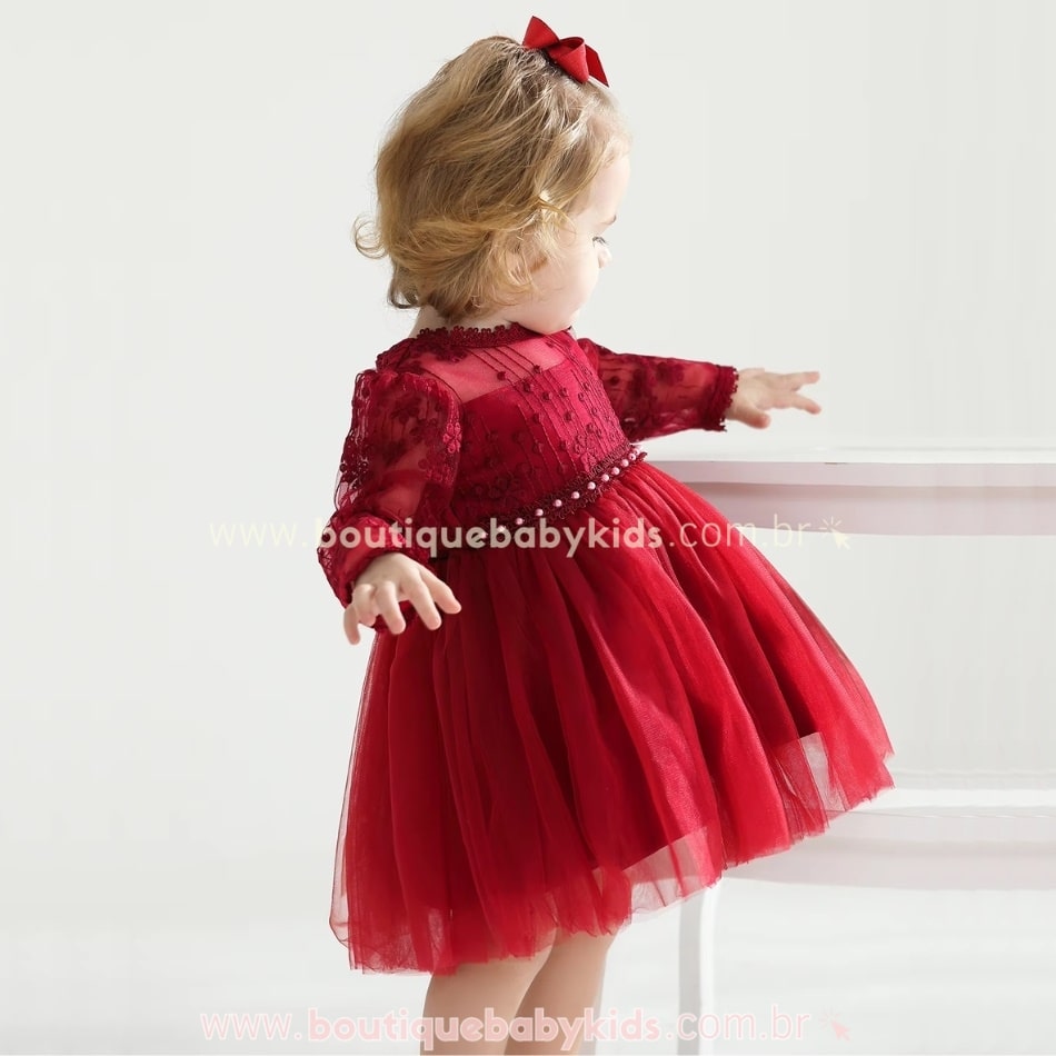 Vestido Bebê Renda Bordeaux com Tule Luxo - Boutique Baby Kids