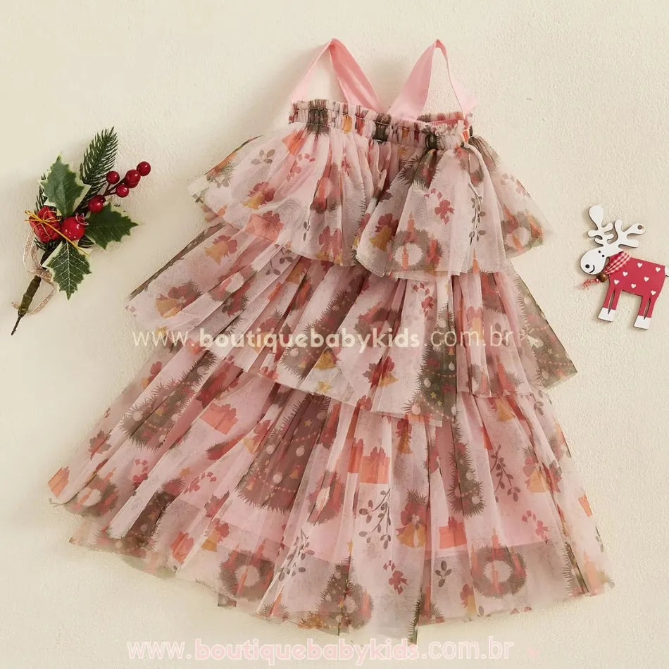 Vestido Infantil Temático Estampa Natalina com Tule Rosa - Boutique Baby Kids