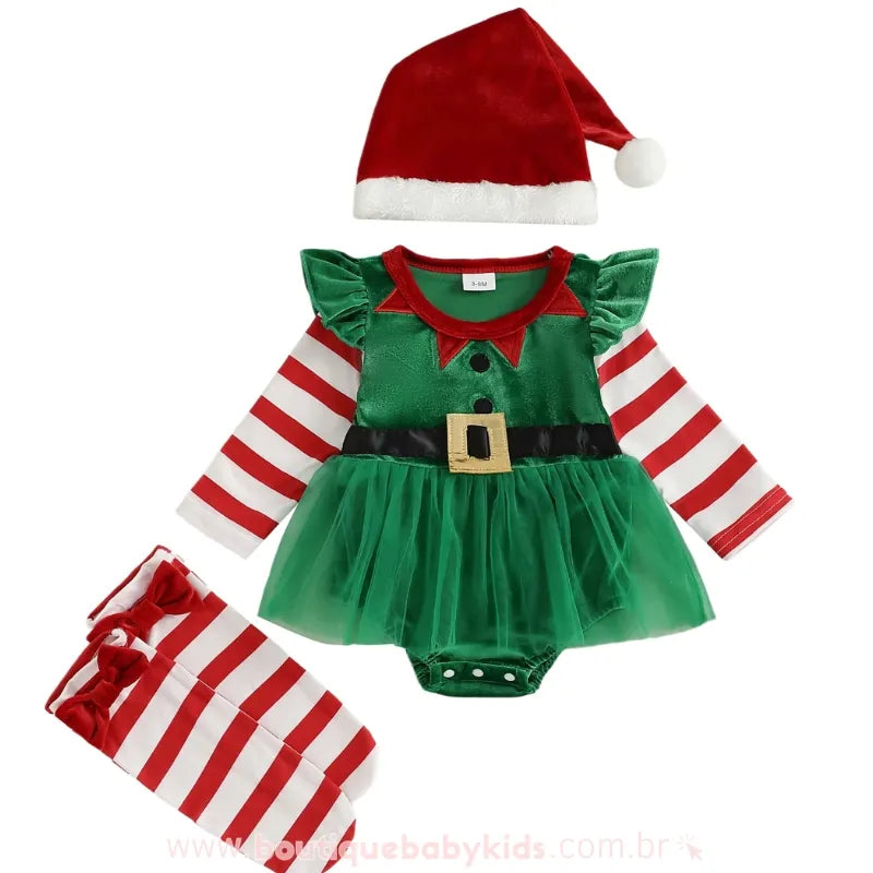 Body Bebê Tule Elfo Natalino com Meia e Gorro Verde - Boutique Baby Kids