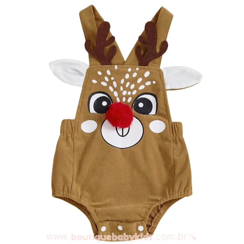 Body Bebê Jardineira Veludo Cotelê Rena do Nariz Vermelho - Boutique Baby Kids 