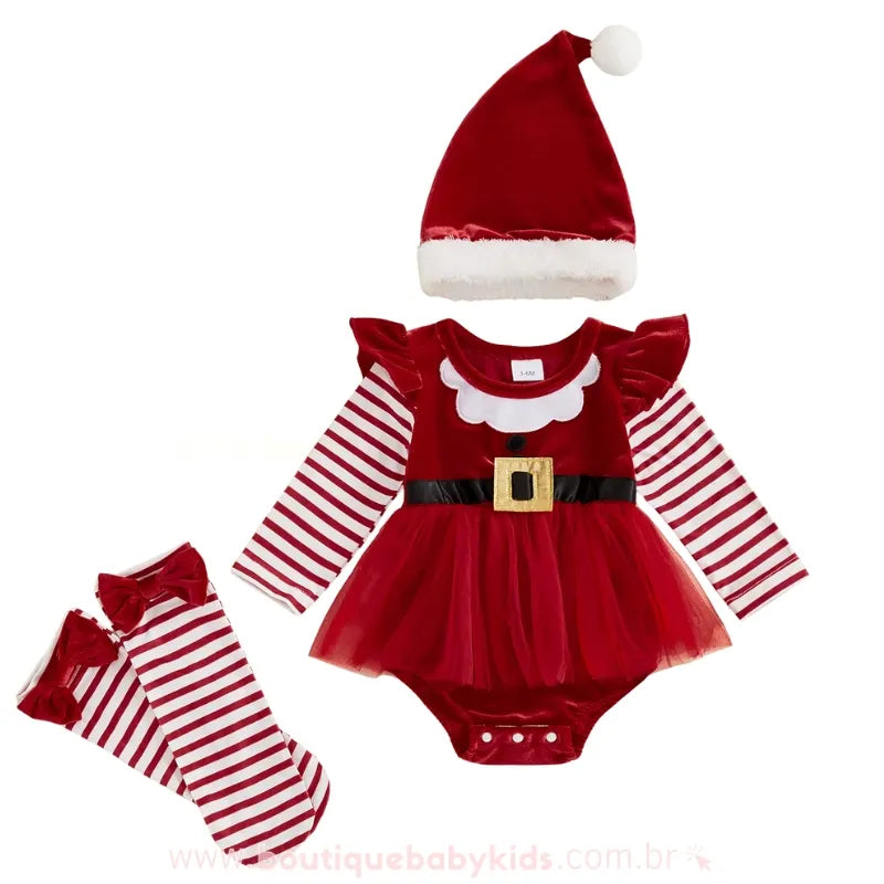 Body Bebê Tule de Natal Mamãe Noel com Meia e Gorro - Boutique Baby Kids