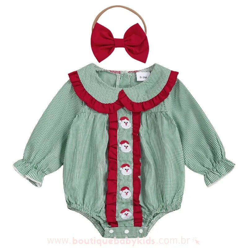 Body Bebê Natal Clássico Xadrez Verde Bordado Papai Noel com Faixa - Boutique Baby Kids