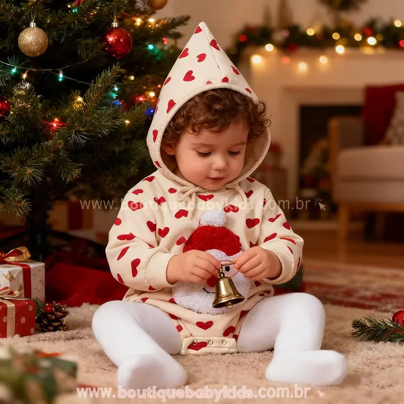 Body Bebê Natal Estampa Coração Papai Noel com Gorro - Boutique Baby Kids 