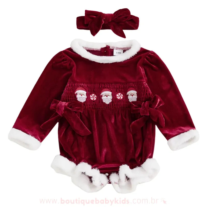 Body Bebê Veludo Natalino com Bordado Papai Noel Vermelho - Boutique Baby Kids