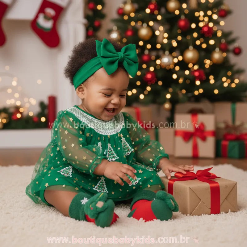 Body Bebê Tule Pinheirinho Brilho de Natal Verde - Boutique Baby Kids