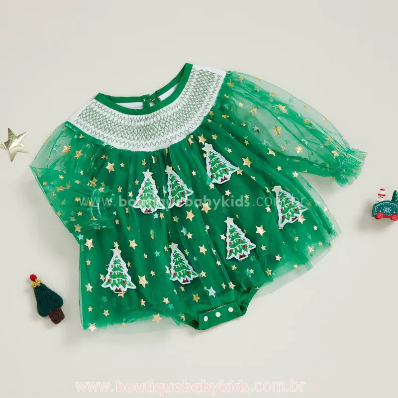 Body Bebê Tule Pinheirinho Brilho de Natal Verde - Boutique Baby Kids