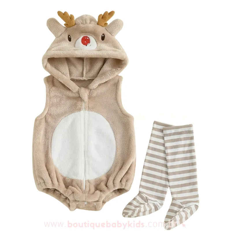Body Bebê Natalino Fantasia de Rena Rudolph com Meia Bege - Boutique Baby Kids