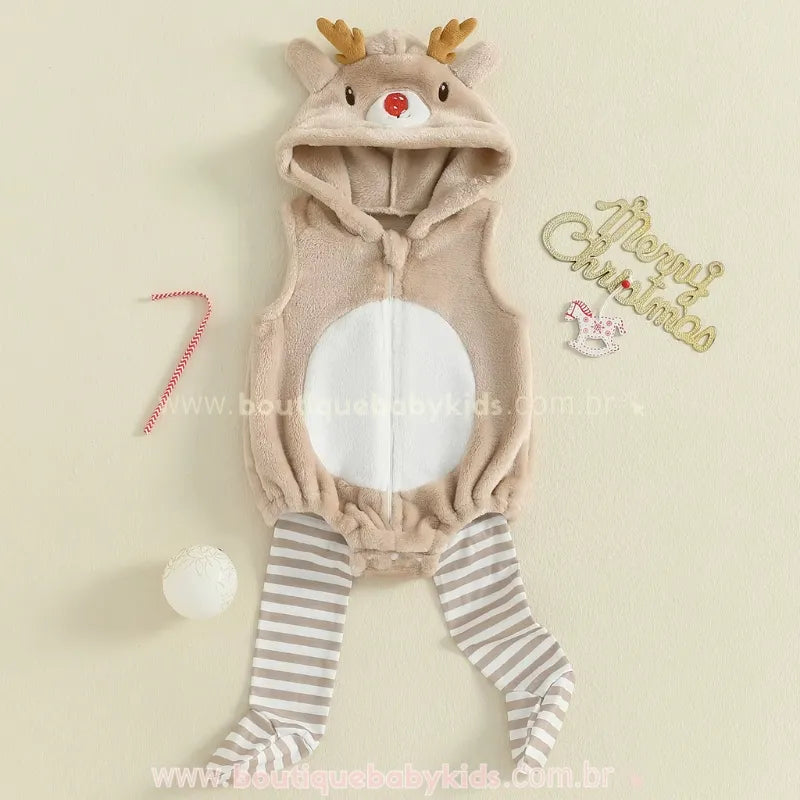 Body Bebê Natalino Fantasia de Rena Rudolph com Meia Bege - Boutique Baby Kids