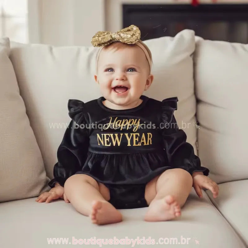 Body Bebê Veludo 'Happy New Year' com Faixa Preto e Dourado - Boutique Baby Kids