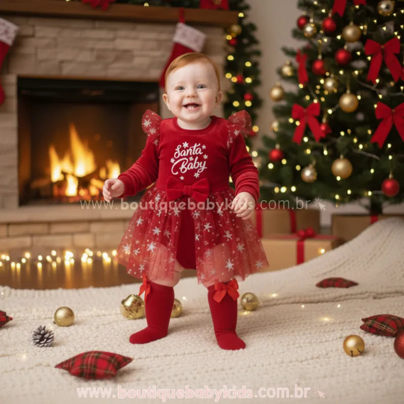 Body Bebê Natalino de Veludo 'Santa Baby' com Tule e Meia Vermelho - Boutique Baby Kids