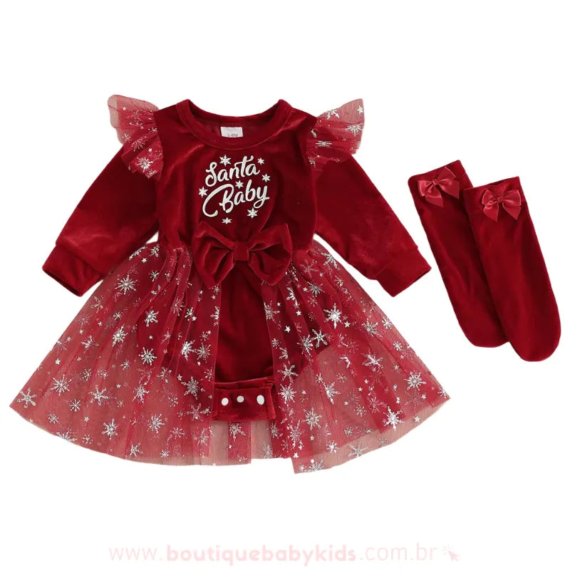 Body Bebê Natalino de Veludo 'Santa Baby' com Tule e Meia Vermelho - Boutique Baby Kids