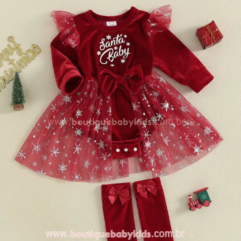Body Bebê Natalino de Veludo 'Santa Baby' com Tule e Meia Vermelho - Boutique Baby Kids