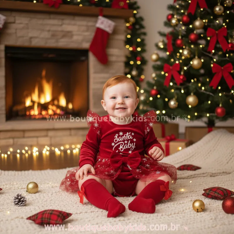 Body Bebê Natalino de Veludo 'Santa Baby' com Tule e Meia Vermelho - Boutique Baby Kids