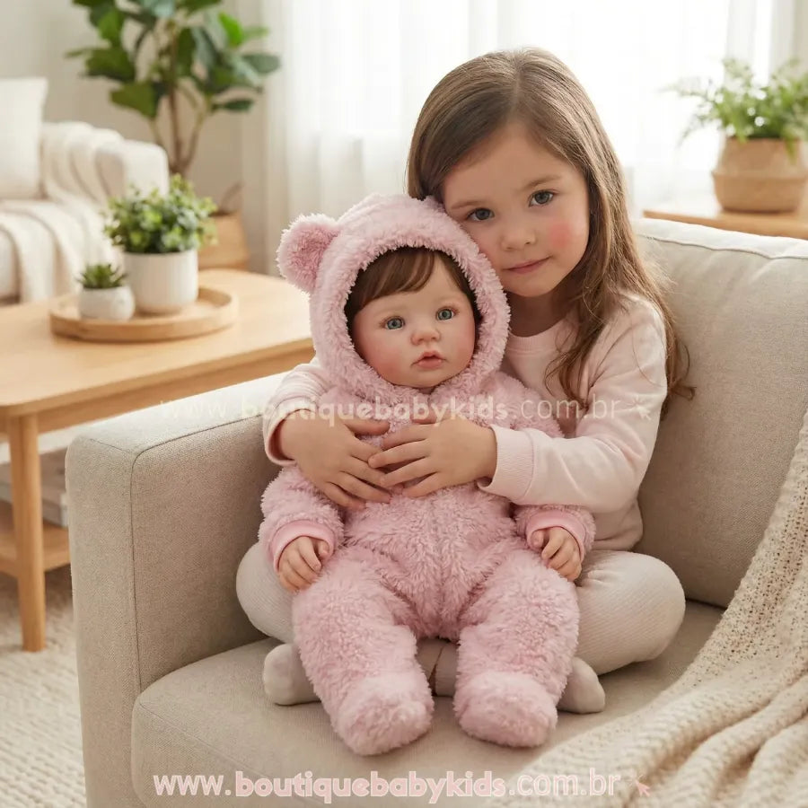 Menina abraçando carinhosamente a Boneca Bebê Reborn Amira no sofá. A imagem demonstra o tamanho real da boneca de 50 cm comparado a uma criança e a maciez da roupa de pelúcia.