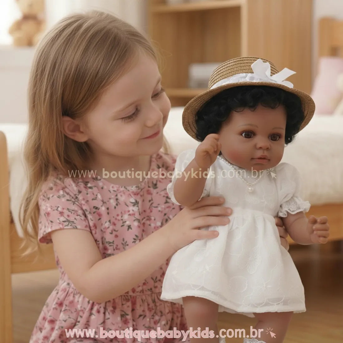 Criança sorrindo segurando a Boneca Bebê Reborn Cecília de pele negra, demonstrando o tamanho realista de 50 cm e a interação afetiva.