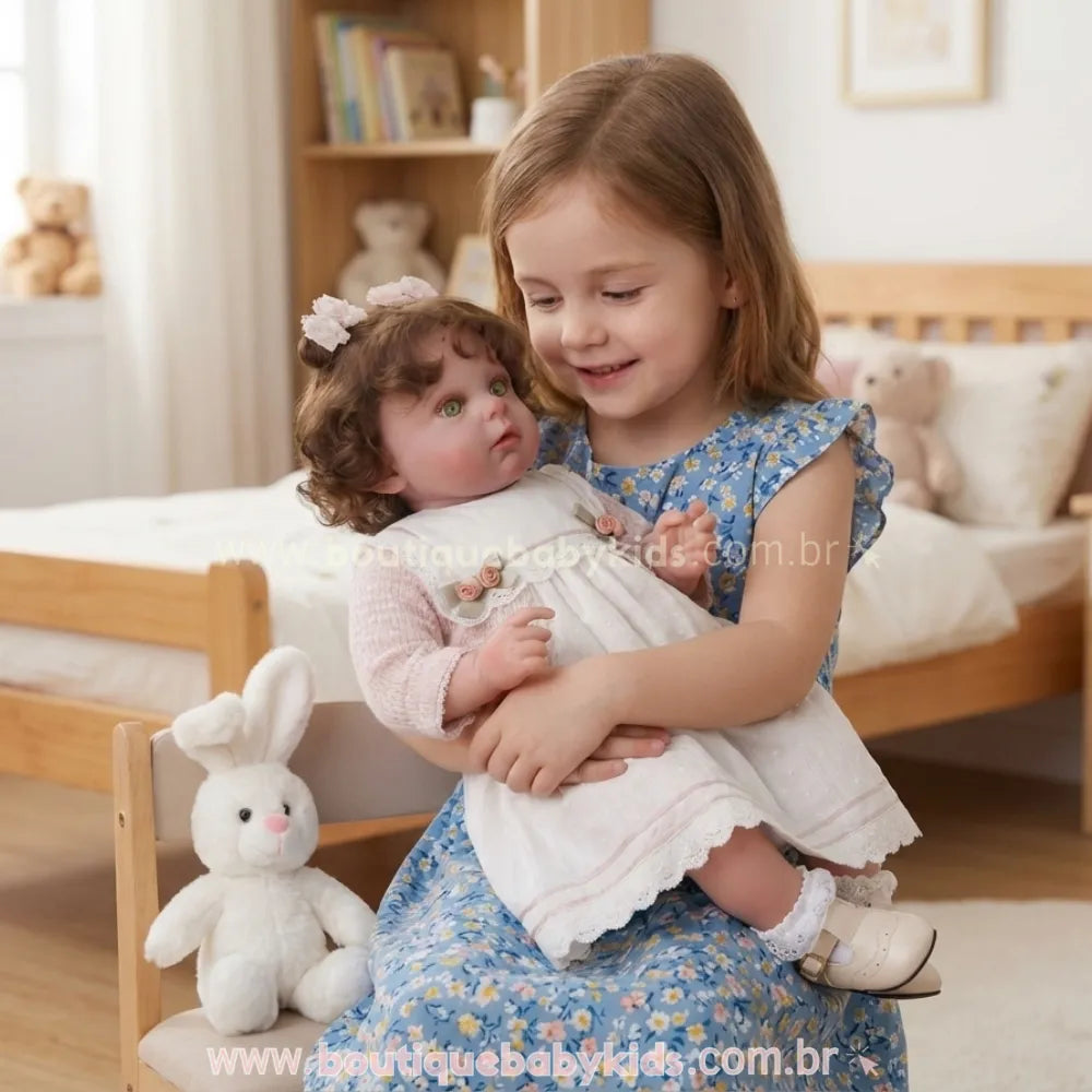 Menina sorrindo segurando a Boneca Bebê Reborn Stella no colo em um quarto infantil, demonstrando o tamanho real e o realismo da boneca comparada a uma criança.