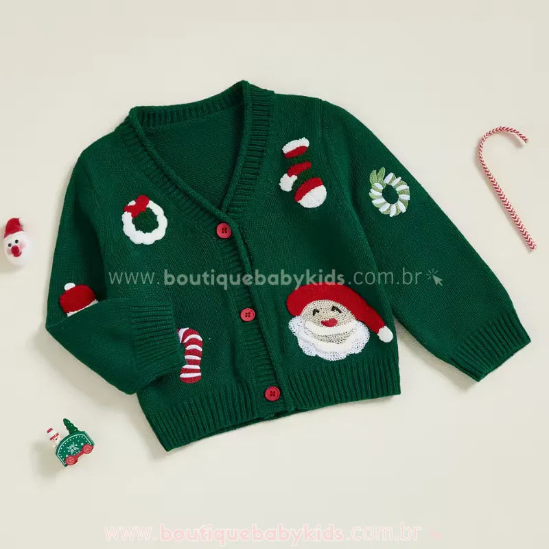 Cardigan Infantil Tricot Natalino Bordado Doce Natal Verde - Boutique Baby Kids