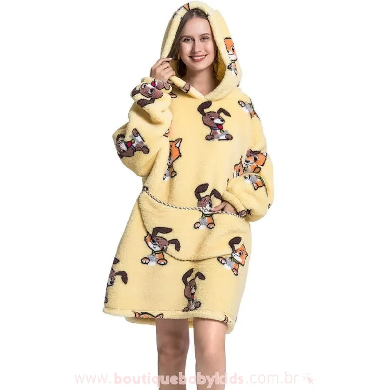 Cobertor de Vestir Adulto Cão e Gato Oversized Amarelo com Capuz - Boutique Baby Kids