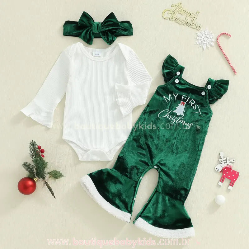 Conjunto Bebê 'My First Christmas' em Veludo Verde - Boutique Baby Kids 