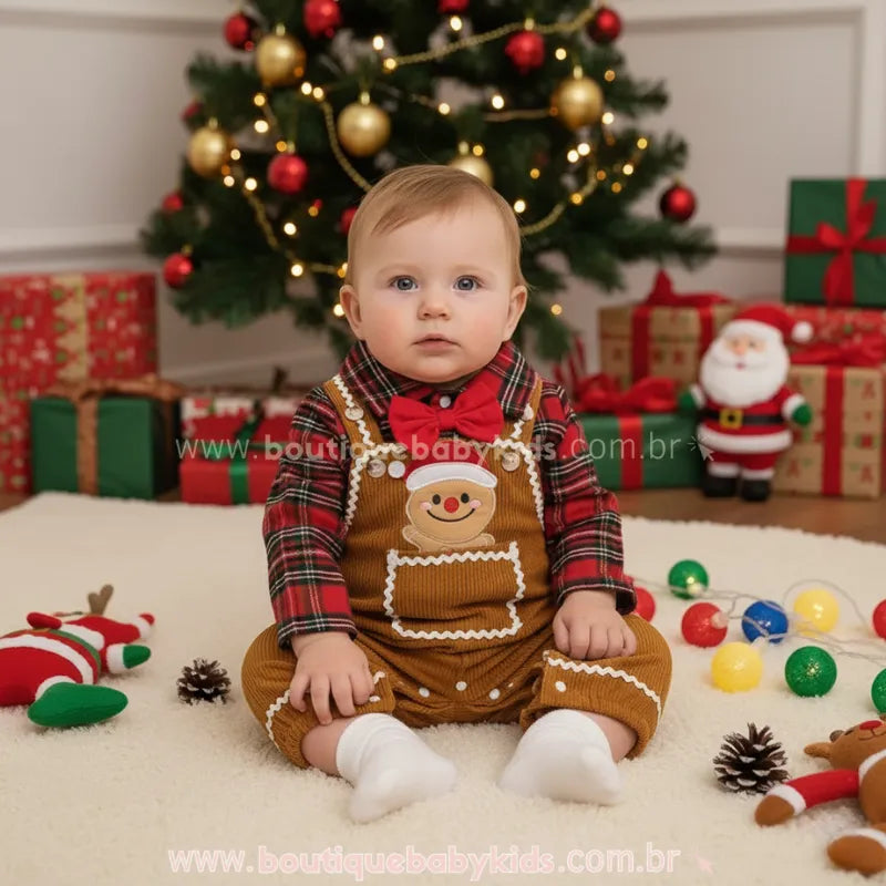 Conjunto Bebê Xadrez Body e Jardineira Biscoitinho de Gengibre de Natal - Boutique Baby Kids