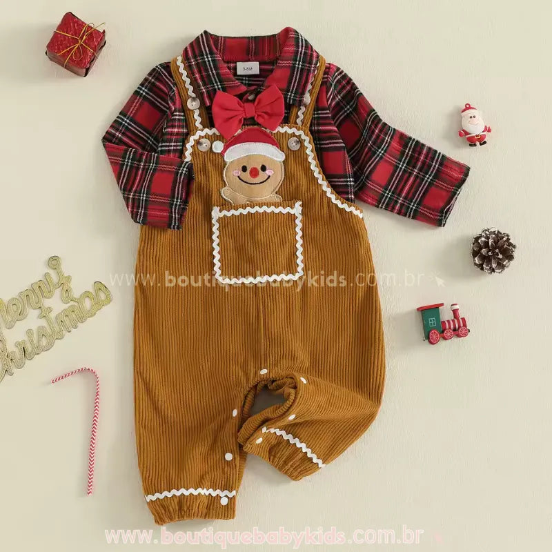 Conjunto Bebê Xadrez Body e Jardineira Biscoitinho de Gengibre de Natal - Boutique Baby Kids