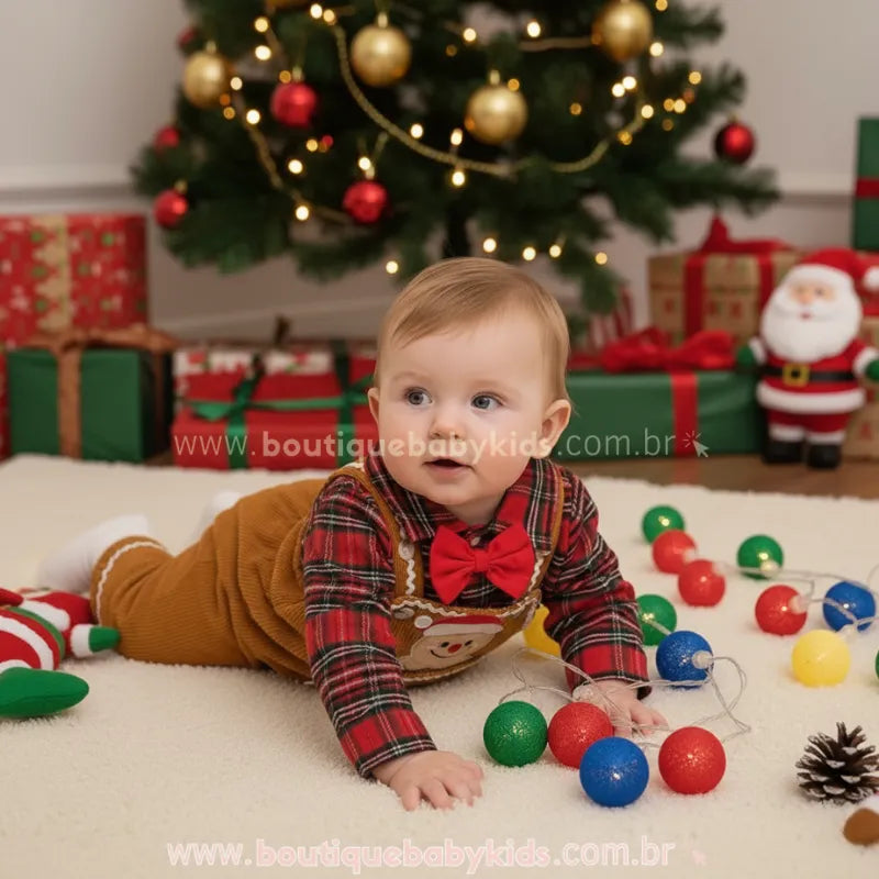 Conjunto Bebê Xadrez Body e Jardineira Biscoitinho de Gengibre de Natal - Boutique Baby Kids