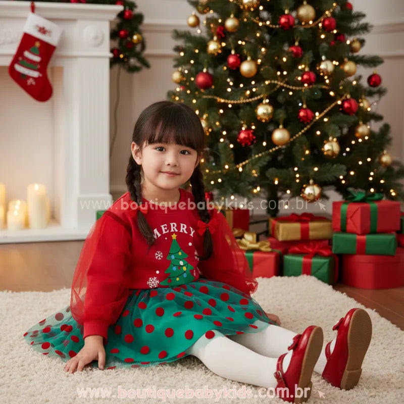 Conjunto Infantil Natalino 'Merry Christmas' com Saia Tule - Boutique Baby Kids