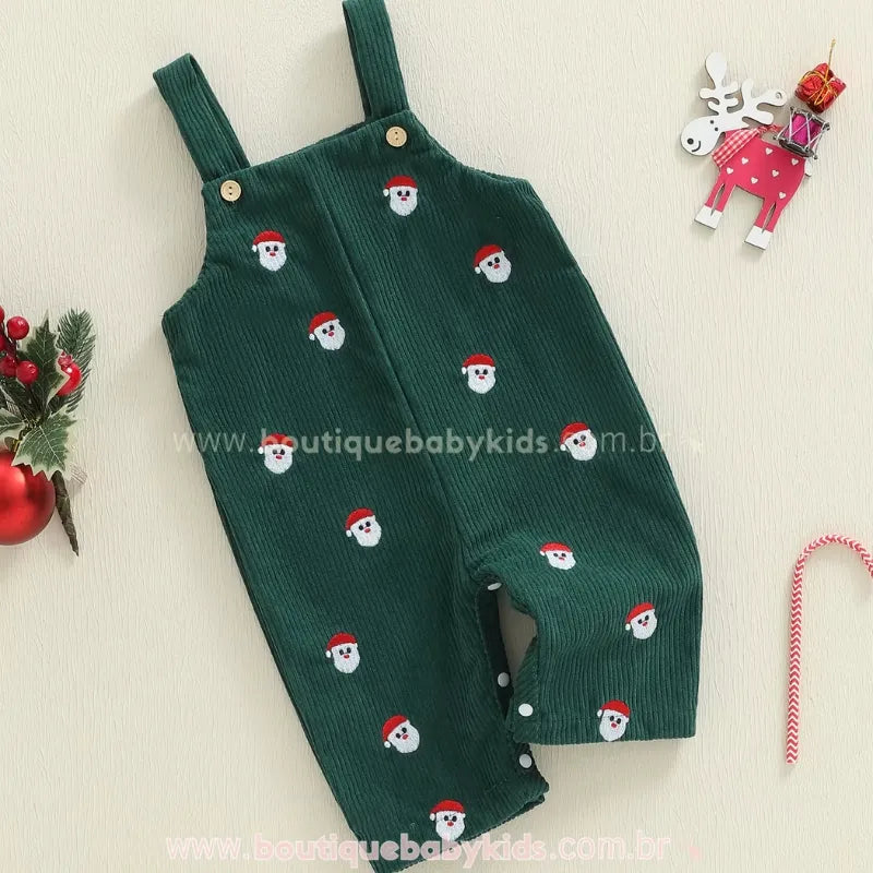 Jardineira Bebê Natal Divertido com Bordado de Papai Noel Verde - Boutique Baby Kids 