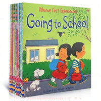 Conjunto de 20 livros infantis em inglês da coleção Usborne First Experiences, empilhados, com o livro "Going to School" na frente.
