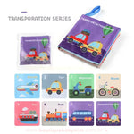 Livro sensorial com o tema Transportes. Capa roxa com ilustrações de carro e balão. Páginas internas mostram veículos como avião, táxi, moto e ônibus.