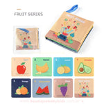 Livro sensorial com o tema Frutas. Capa ilustrada com um liquidificador e várias frutas ao redor. Páginas internas apresentam frutas como maçã, banana, uva e melancia.