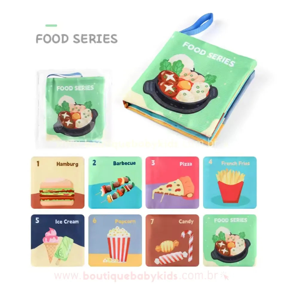 Livro sensorial com o tema Comidas. Capa ilustrada com uma tigela de comida variada. Páginas internas apresentam alimentos como hambúrguer, pizza, sorvete e pipoca.