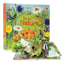 Capa do livro Pop-Up Nature da Usborne, com uma ilustração vibrante da natureza, incluindo flores coloridas, abelhas e um pequeno roedor. A imagem também mostra páginas abertas do livro, destacando os elementos pop-up tridimensionais.