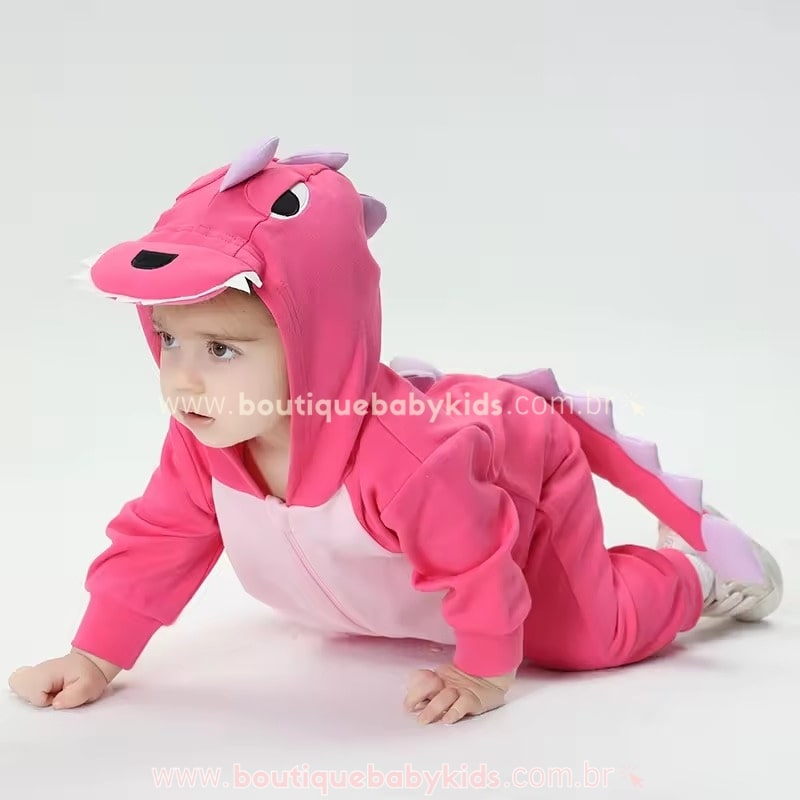 Macacão Bebê Fantasia Bichinho Dinossauro Rosa Pink - Boutique Baby Kids 