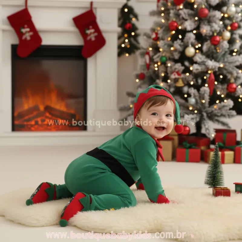 Macacão Bebê Elfinho Ajudante do Papai Noel com Gorro Verde - Boutique Baby Kids