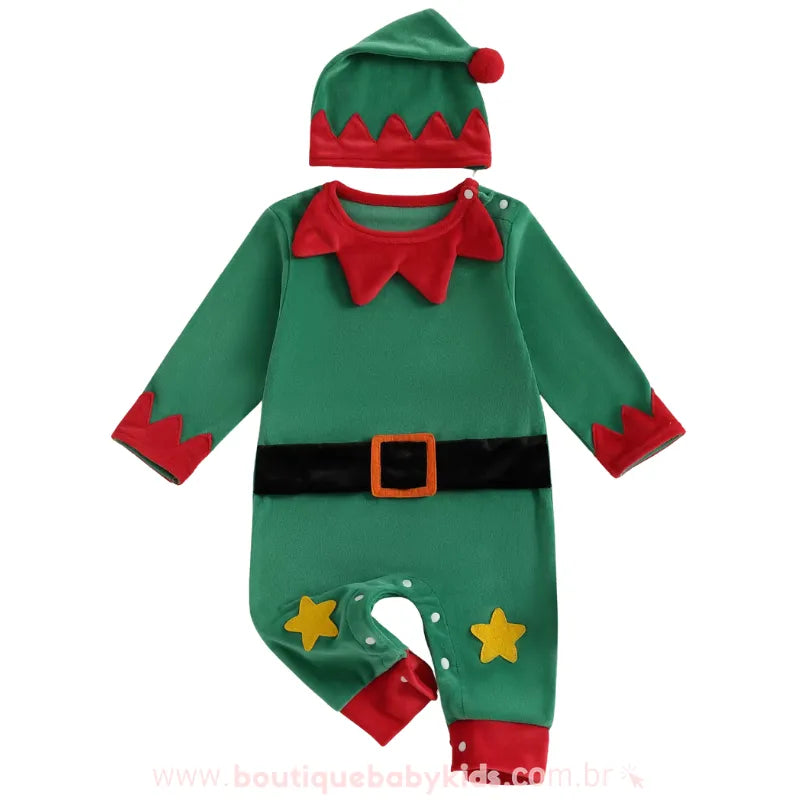 Macacão Bebê Elfinho Ajudante do Papai Noel com Gorro Verde - Boutique Baby Kids