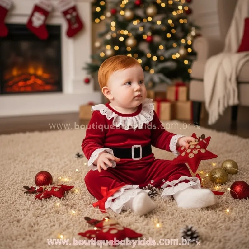 Macacão Bebê de Veludo Mamãe Noel Clássica com Babados Vermelho - Boutique Baby Kids